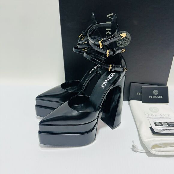 NIB Versace Aevitas IT 38.5 US 8.5 Pointed Platform Black Strappy Pumps $1,825 - Picture 9 of 16